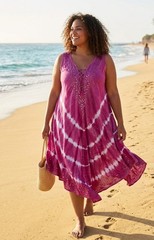 Women&rsquo;s Tie Dye Boho Red Rose Embroidered Sundress 1X Casual Beach Dress