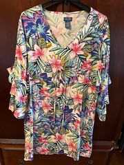 NEW Caribbean Joe Tropical Vneck Drawstring Waist Flare Sleeve Rayon Dress XL