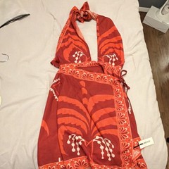 Commense Red Orange Floral Halter Midi Dress, Adjustable Tie, Women’s S