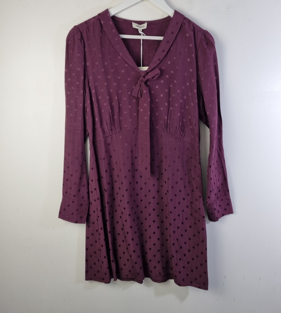Albaray Jacquard Polka Dot Bow Neck Tie Dress Burgundy Size 12 £89 RRP New