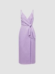 Reiss Purple Linen Wrap Midi Dress V-Neck Adjustable Straps UK 12