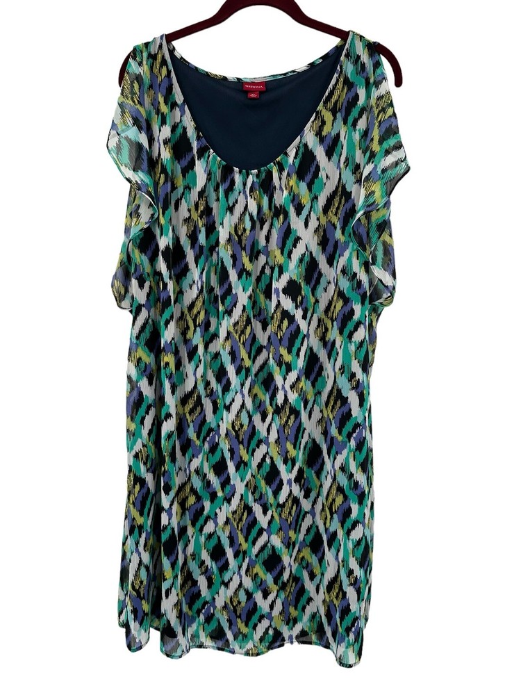 Mossimo Shift Dress XL Chiffon Split Sleeve Short Blue Green Multi Ikat Print