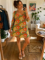 Blue Platypus Floral Dress 1X Retro Mod Orange Green Cotton Spandex USA 70s Vibe