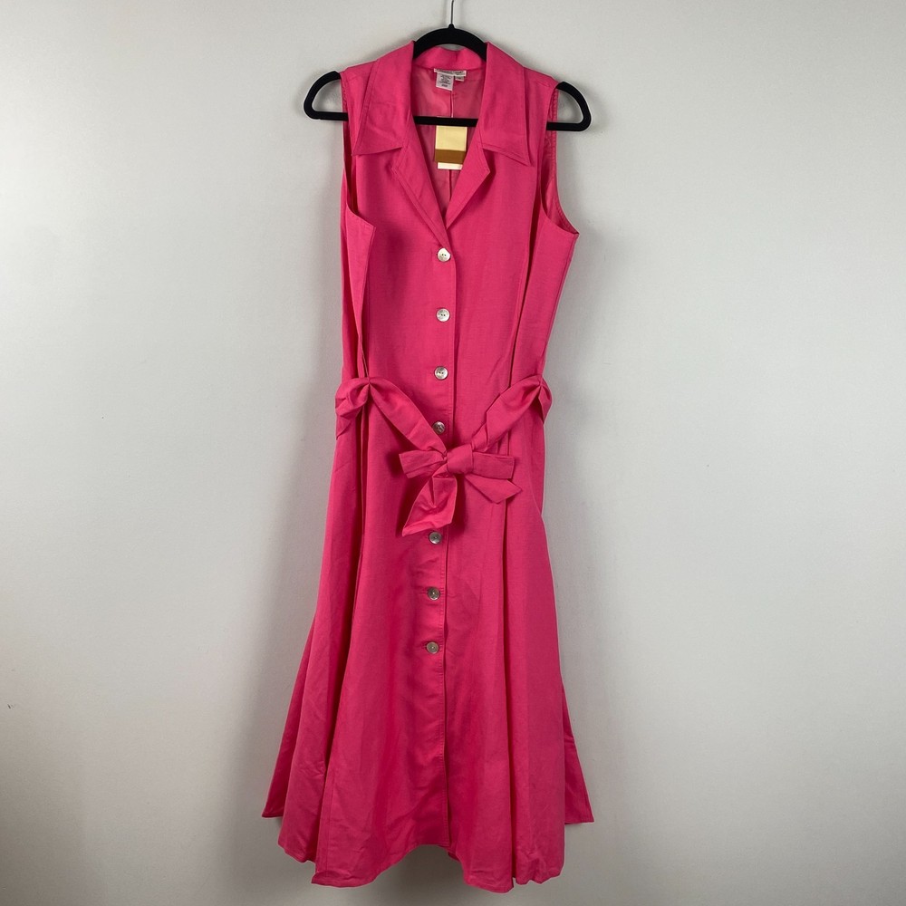 Coldwater Creek Linen Blend Button Front Midi Dress Size 16 Pink Tie Waist
