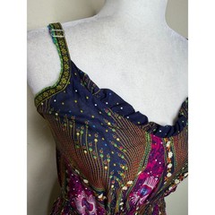 Boho Peacock Feather Print Smocked Maxi Dress Navy Purple Festival Casual M