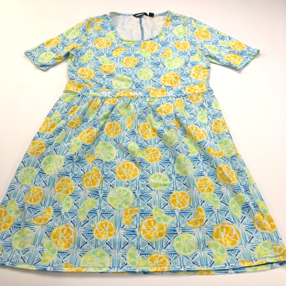 Lands&rsquo; End Large Women&rsquo;s Fit Flare All Over Print Dress Lemons Blue Yellow