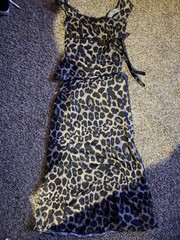 SHEIN Size S Leopard Mesh Sheer Lined Midi Slip Dress Square Neck Bow Black
