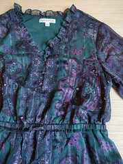Frye Knee Length Dress Ruffle Buttons Lurex Green Purple Floral Size M Women&rsquo;s