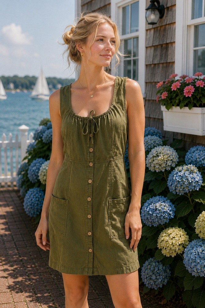 Pilcro Anthropologie Olive Green Cotton Button Front Pocket Mini Dress Small
