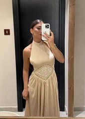 ❤️Zara Mid Ecru Flared Halter Embroidered Midi/Long Dress Size M Ref 4813/823