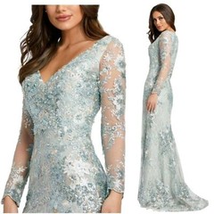 NWT MAC DUGGAL EMBELLISHED V‎ NECK ILLUSION LONG SLEEVE GOWN 67539 SEA MIST