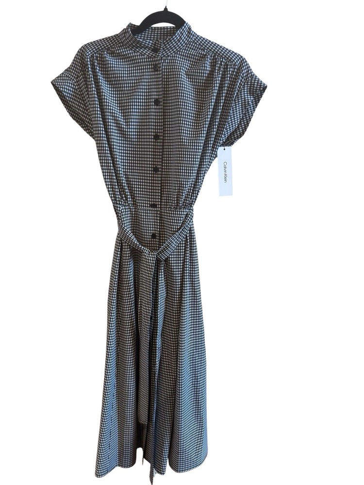 NWT Calvin Klein Black White Checked Belted Midi Dress Sz 4 Band Collar Workwear
