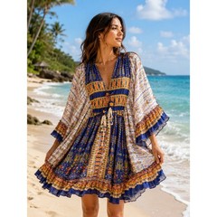 Debbie Katz South Beach Womens XL Boho Tribal Print Kaftan Mini Dress Blue NWT