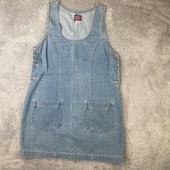 No Excuses Jumper Dress Womens M Blue Denim Mini Pinafore Side Button Pocket
