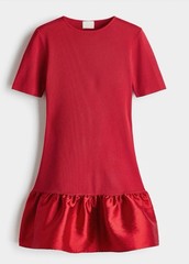Women’s Red Solid Short Sleeve Crew Neck Mini Dress with Ruffle Hem