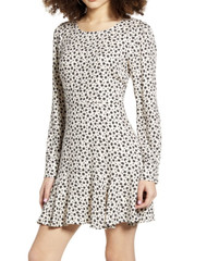 Row A Women&rsquo;s Flounce Long Sleeve Godet Dress 100% Rayon Sz S Ivory Black Floral