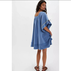 Free People Astoria Sweatshirt Tunic Dress Ribbon Lace Wide Short Sleeve Blue M