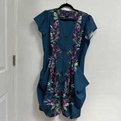 City Chic XXS Plus Size 12W 14W Teal Floral Zip Front Tulip Hem Dress