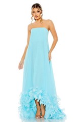 Mac Duggal Aqua Blue Chiffon Strapless High Low Feather Hem Gown Size 6 $798