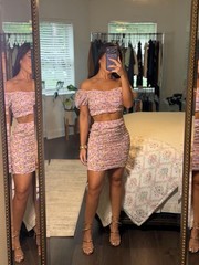 Floral Ruched Two Piece Set Cottagecore Coquette Off Shoulder Mini Skirt NWT