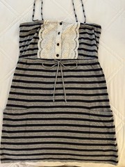 VTG Juicy Couture Spaghetti Strap Dress Women’s Navy Blue Grey Stripe Lace