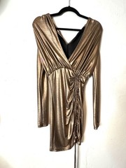 Metallic Gold Long-Sleeve Ruched Bodycon V-Neck Mini Dress