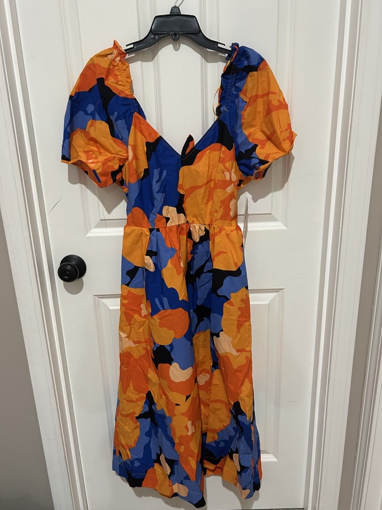 Tabitha Brown Orange & Blue Floral Puff Sleeve Dress Women&rsquo;s Size 10