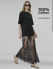 NEW 2 Pieces Black Floral Ribbed Lace Dress Set Elegant Round Long T-Shirt Party