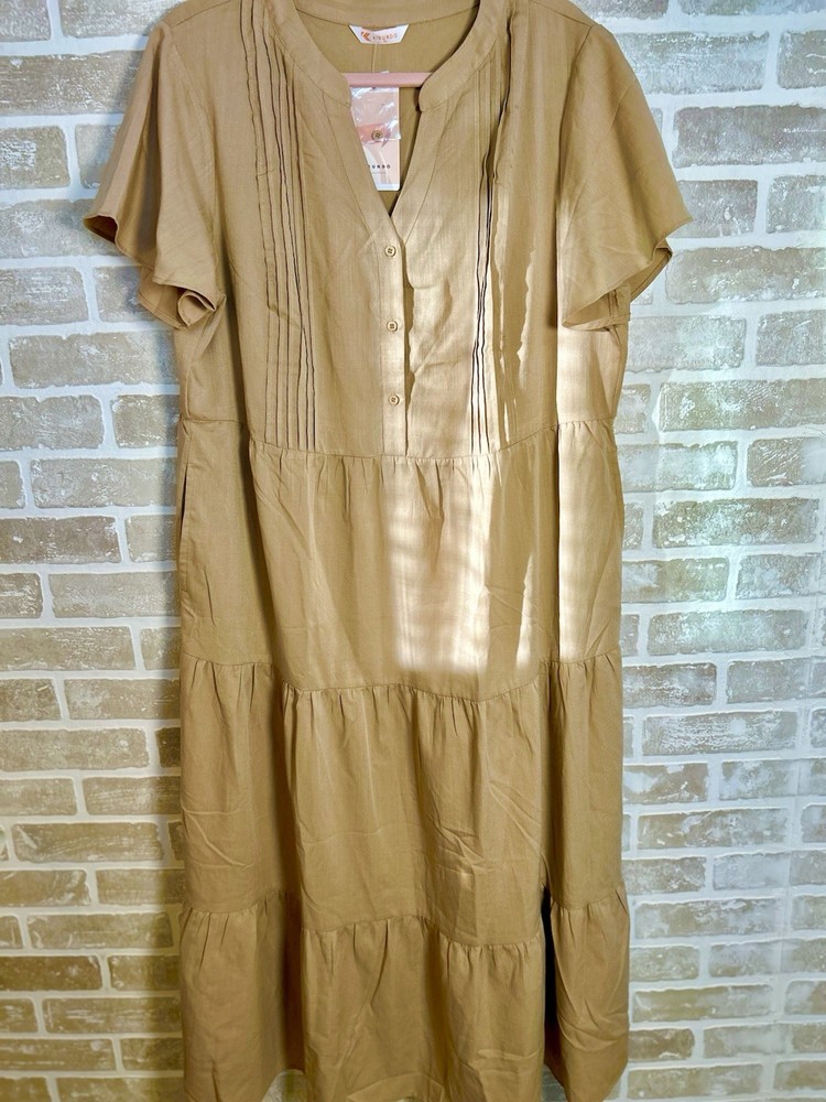 KIRUNDO Tan Solid Button-Front Midi Shirt Dress V-Neck Flutter Sleeve XL
