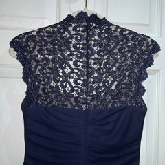 Xscape navy blue cocktail midi dress Sz 6 lace top ruched skirt