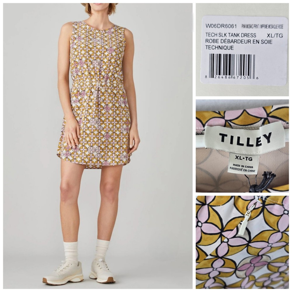 $120 Tilley Tech SLK Tank Dress XL Pink Mosaic UPF 50+ Back Vent Zip Pockets NEW
