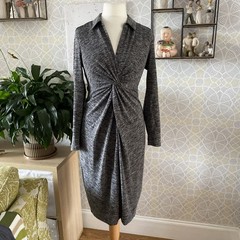 Principles Grey Marl Dress Size 12 Twist Front V Neck Long Sleeves