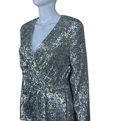 Jonathan Simkhai Sequin Cutout Wrap Mini Dress Size 6 Long Sleeve Silver Party