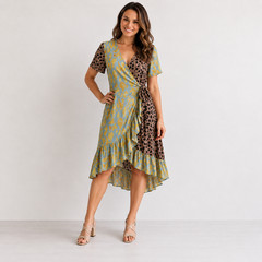 Never Fully Dressed Mixed Leopard Print Ruffle Wrap Midi Dress