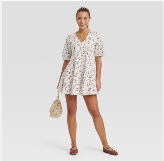 Bell Elbow Sleeve Mini A-Line Dress White Floral XS Universal Thread NWT