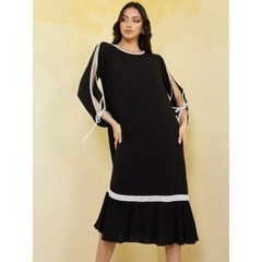 Commense Midi Dress Lightweight Open Sleeve Lace Trim Black Size XS NEW