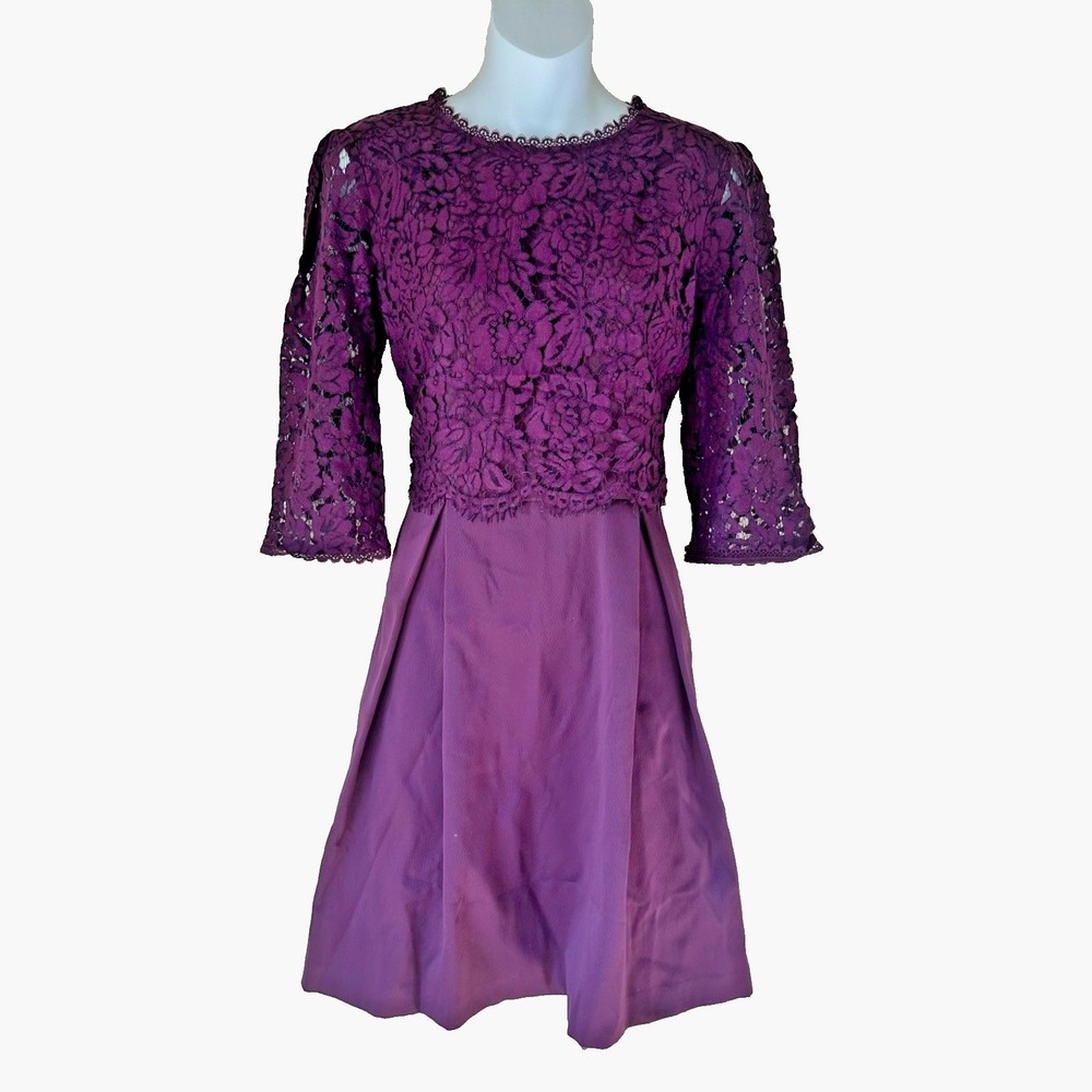 OASIS Womens Plum Purple Lace Overlay Fit and Flare 3/4 Occasion Dress UK 12