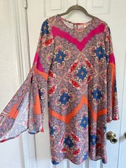 Uncle Frank Small Boho Medallion Bell Sleeve Shift Dress Pink Orange USA Rayon