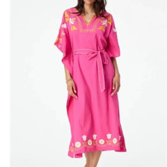 $228 NEW Roller Rabbit Jemina Nella Caftan Dress Hot Pink White With Belt S