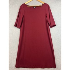 Eileen Fisher Burgundy Boat Neck Elbow Sleeve Shift Dress Small