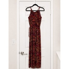 Enfocus Studio Geometric Print Halter Maxi Dress Tie Waist Boho Red Orange Sz 8