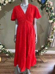 JD WILLIAMS Midi Dress Size 8 V Neck Red Lined Short Sleeve Crochet Insert NEW
