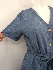 Linen Blend Chambray Midi Dress Button Up Coastal Cottage Minimalist Belt Small