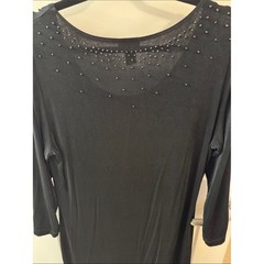 Chico&rsquo;s Size 2 Black Rhinestone Midi Dress Sheer Ruffle Hem Stretch