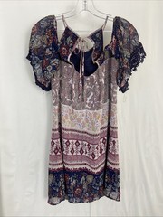 Xtraordinary Paisley Burgundy Purple Lace Trim Cold Shoulder Mini Dress Size L