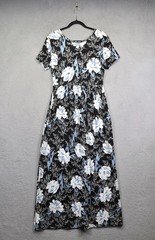 Womens Maxi Dress M Black White Floral Stretch Comfort Cottagecore Classic Flowy