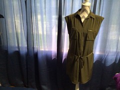 Express Olive Sleeveless Button Front Zip Pockets Belted Lined Short Dress M