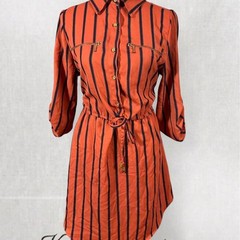 Retro Vintage Aesthetic Vertical Stripe Orange and Black Collared Dress with Tie