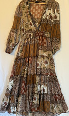 Kate and Lily Floral Bohemian Long Sleeve Maxi Dress Brown Beige Green Size 14