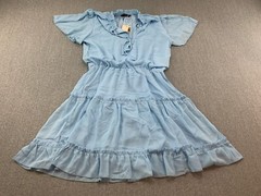 Dokotoo Tiered Dress Womens size M Blue Chiffon Ruffle Tie Neck Flutter Sleeve